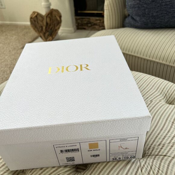 Dior Dway Heeled Sandal Gold-Tone Cotton Embroidered with Metallic Thread - Picture 9 of 15